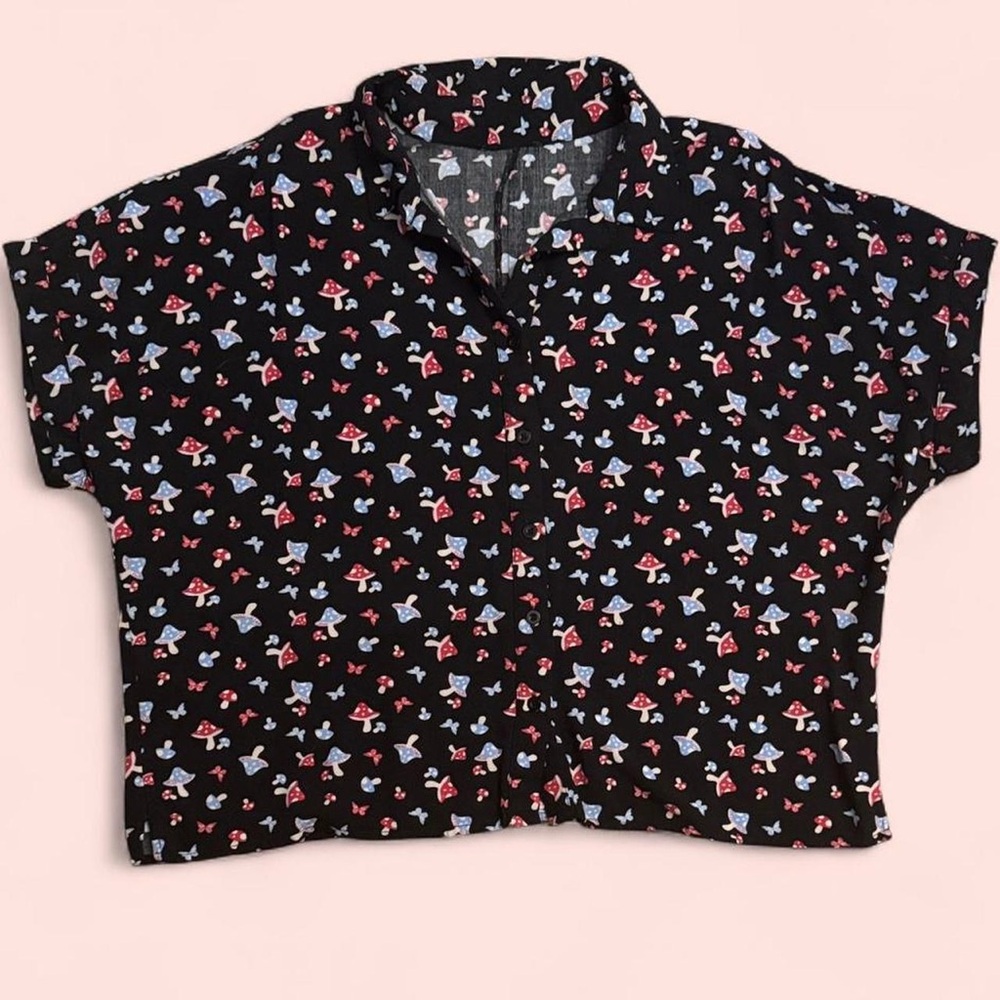Hot Topic Black Button Down Shirt with Red and Blue Print